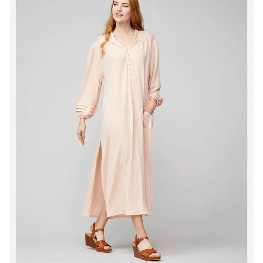 Free People Beach Peach Maxi Long Sleeve Dress Pockets Collar Bead size S
